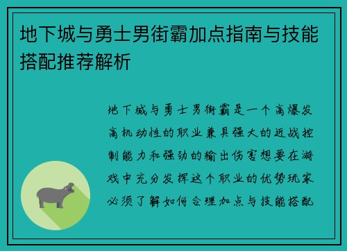 地下城与勇士男街霸加点指南与技能搭配推荐解析